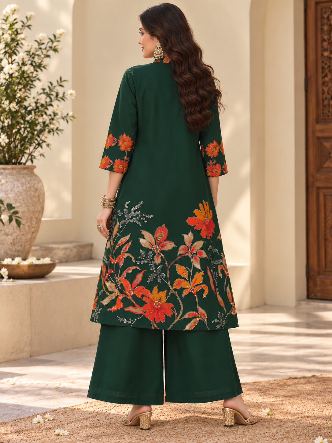 Green Floral Printed Chanderi Silk Co-Ord Set for Women
