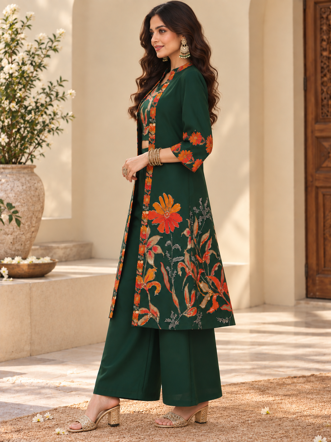 Green Floral Printed Chanderi Silk Co-Ord Set for Women