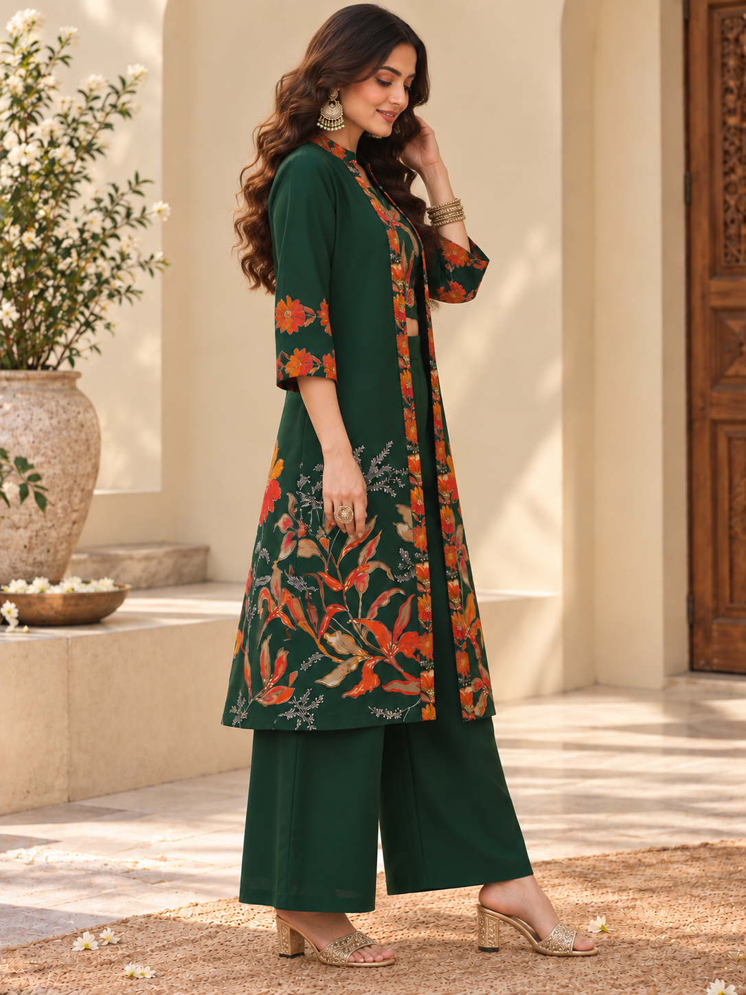 Green Floral Printed Chanderi Silk Co-Ord Set for Women