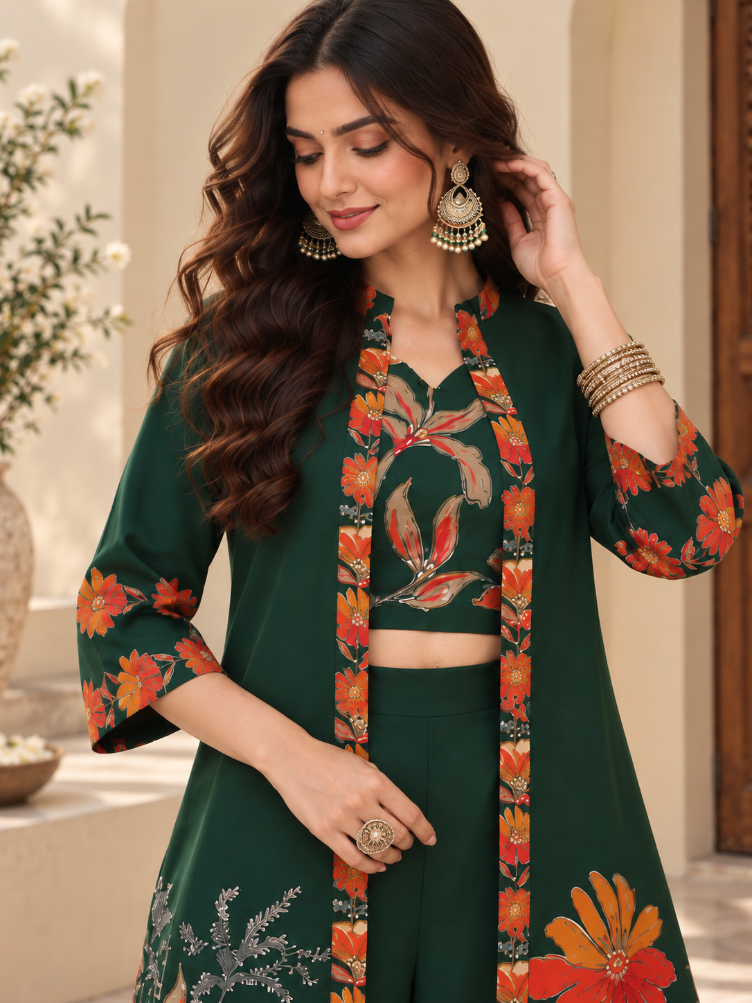 Green Floral Printed Chanderi Silk Co-Ord Set for Women