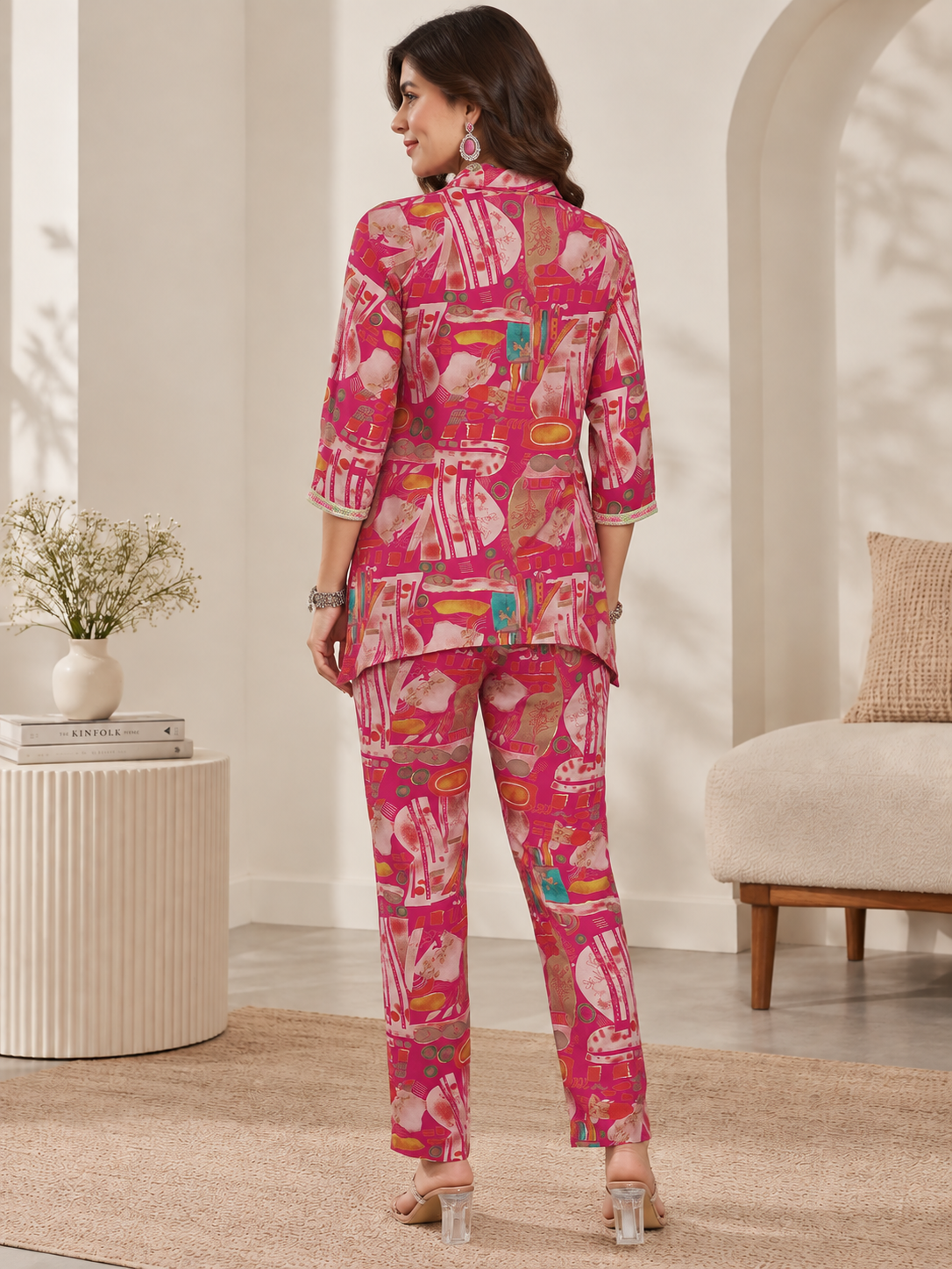 Pink Abstract Chanderi Silk Ethnic Co-Ord Set for Women