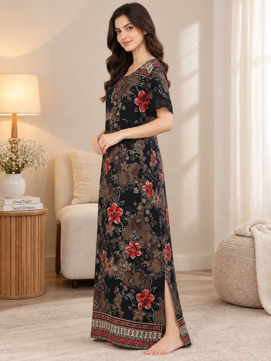 Black Color Floral Printed Viscose Rayon Nighty | Claura