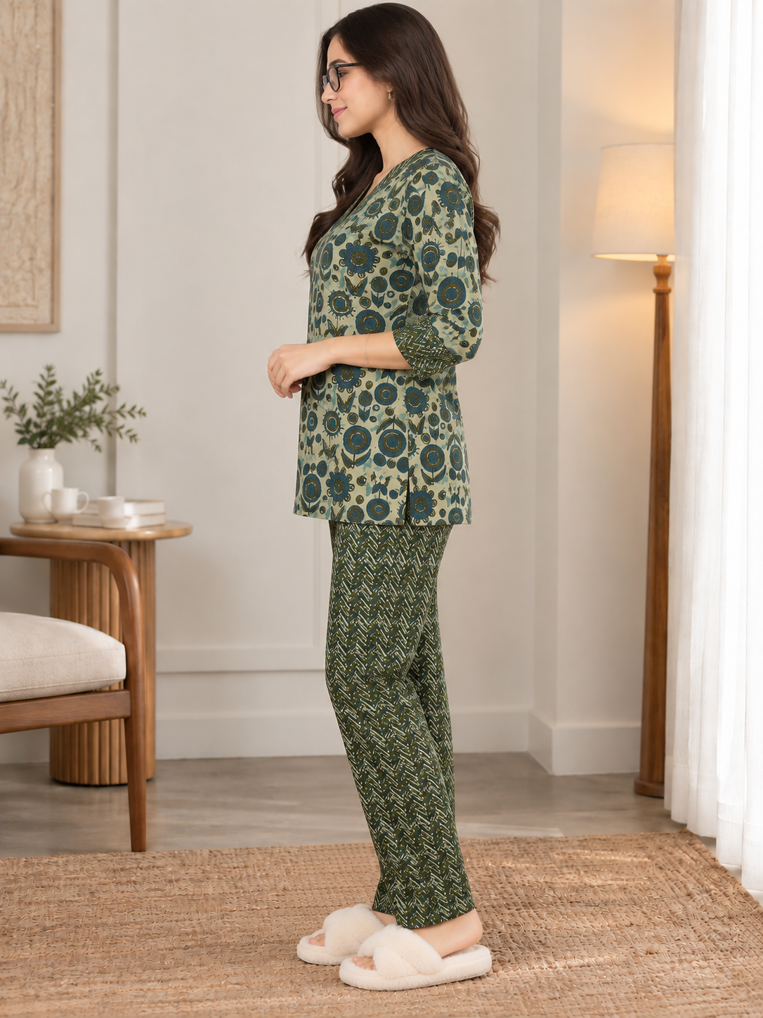Green Floral Printed Cotton Night Suit Set with V-Neck | Claura