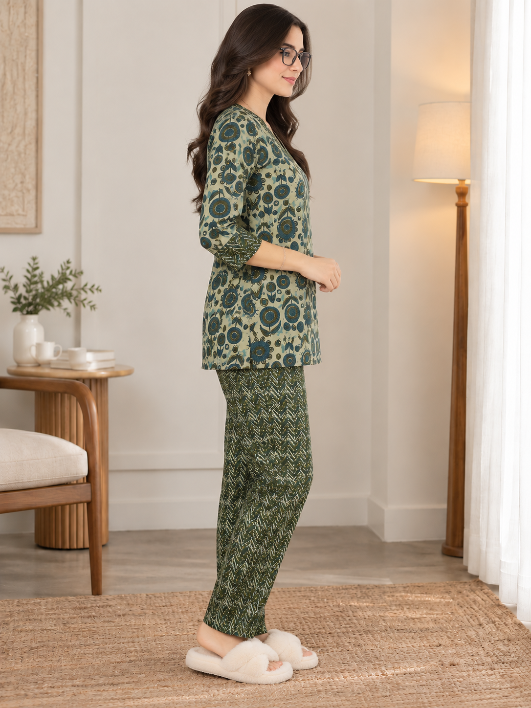 Green Floral Printed Cotton Night Suit Set with V-Neck | Claura