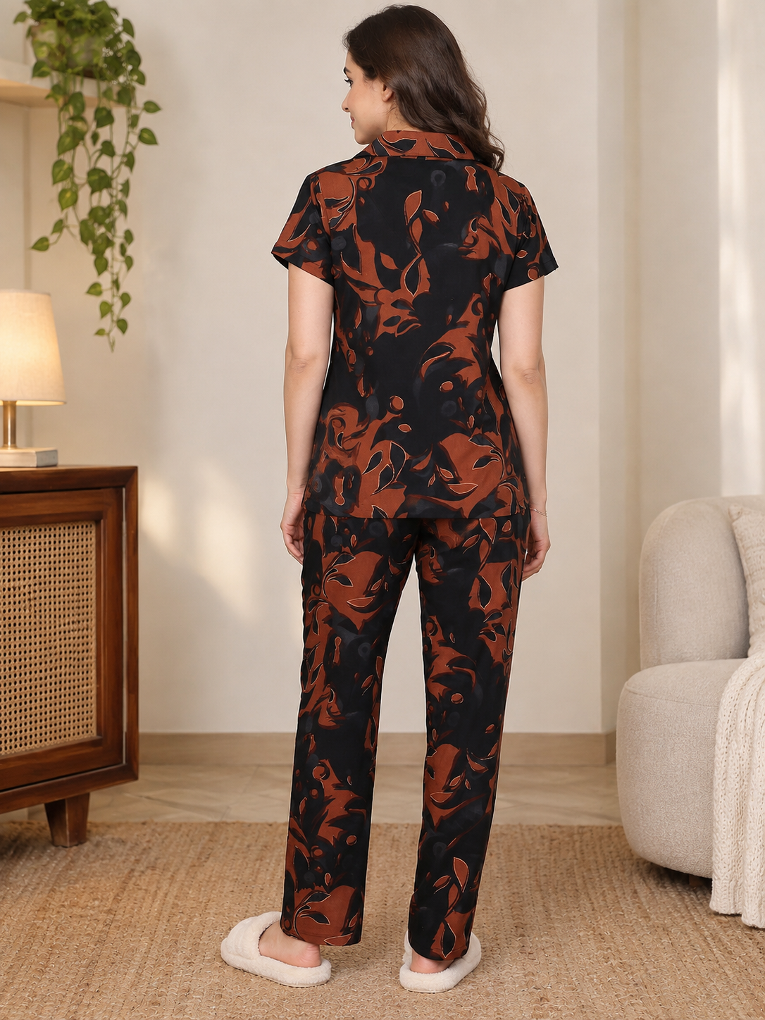 Brown Abstract Printed Cotton Shirt Collar Night Suit | Claura