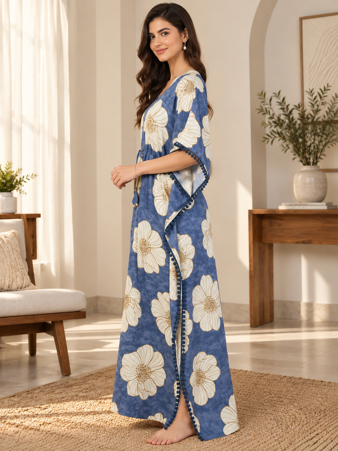 Blue Color Abstract Printed Viscose Rayon Kaftan | Claura