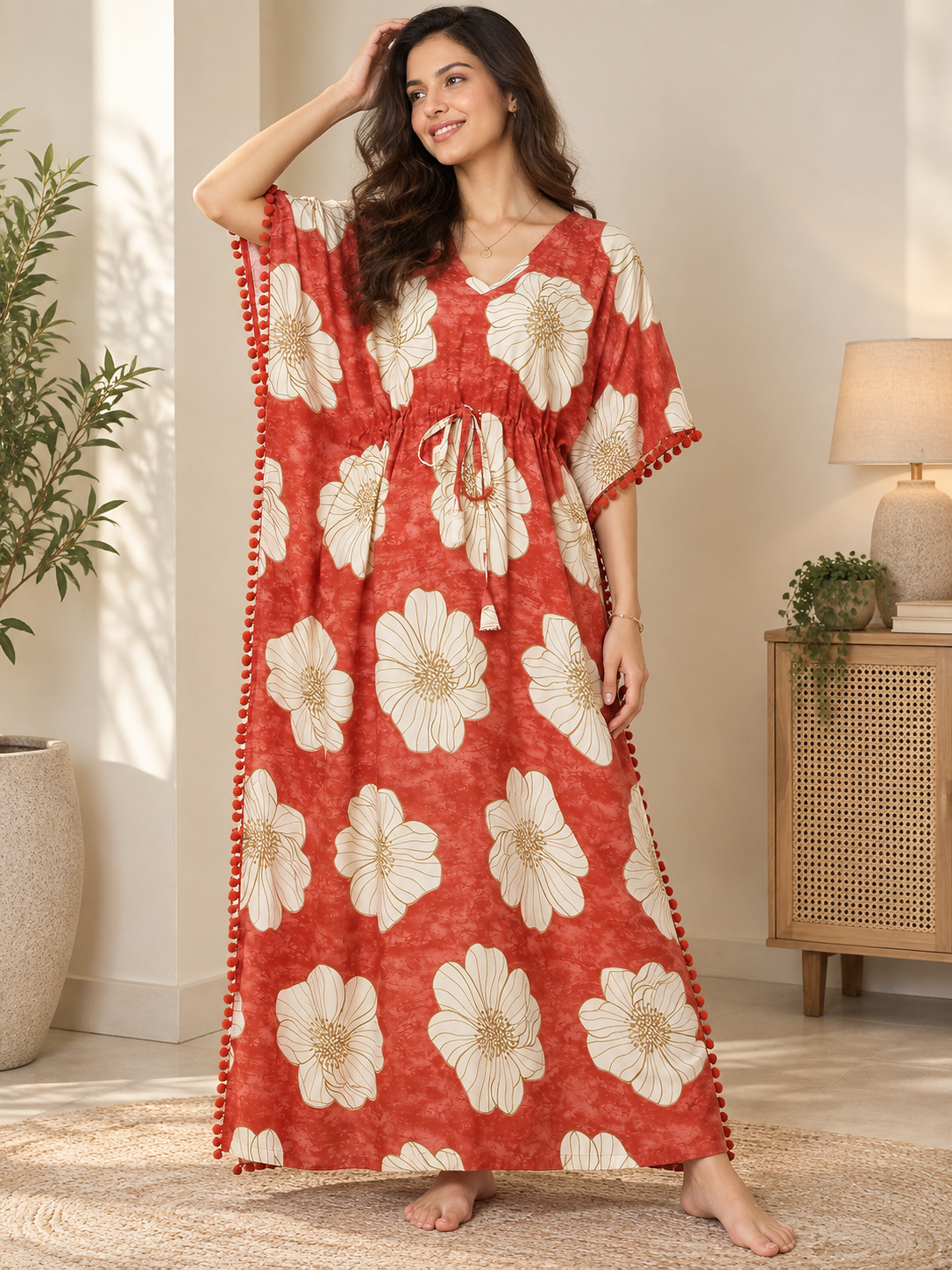 Red Color Floral Printed Viscose Rayon Kaftan | Claura