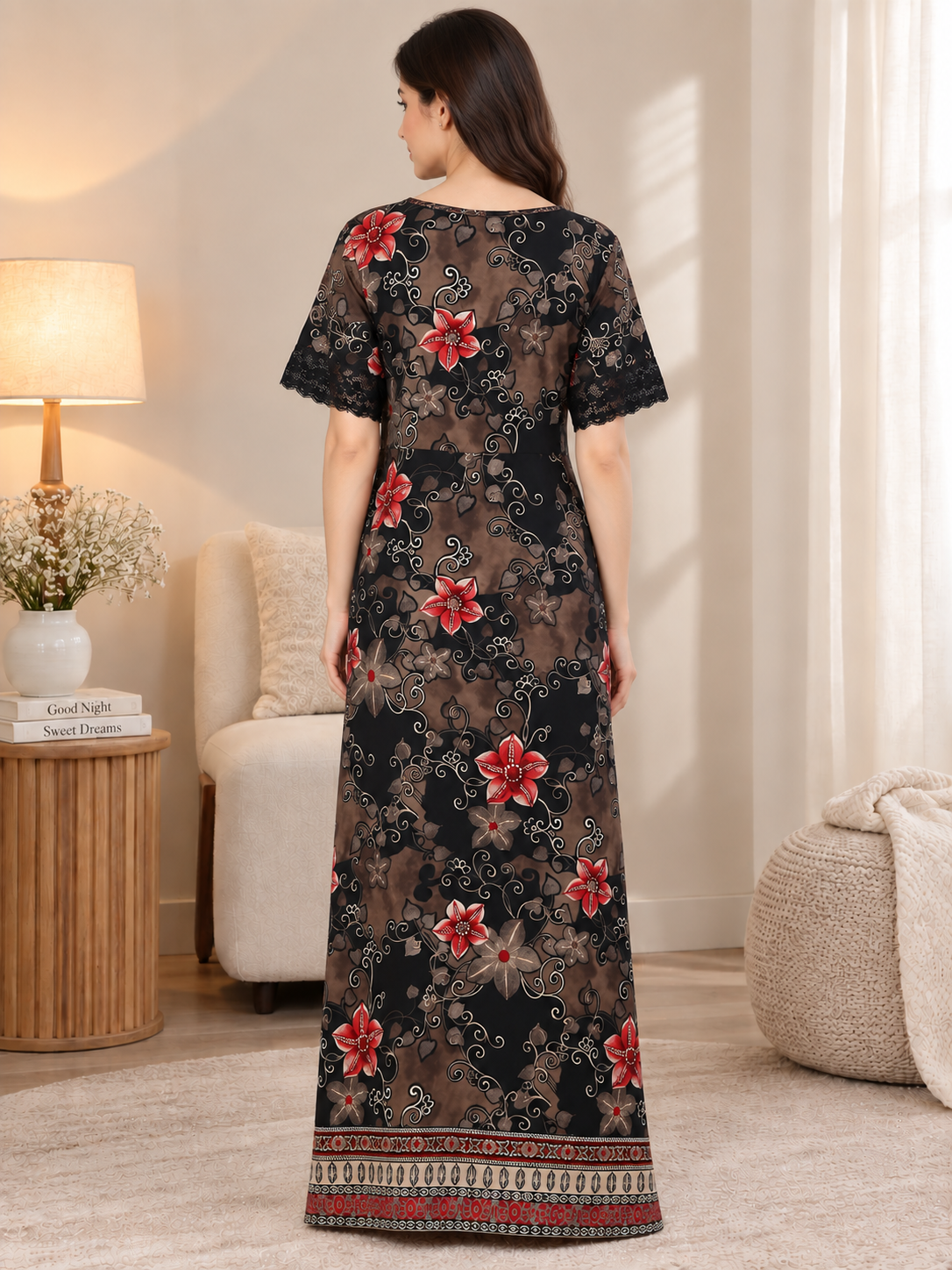 Black Color Floral Printed Viscose Rayon Nighty | Claura