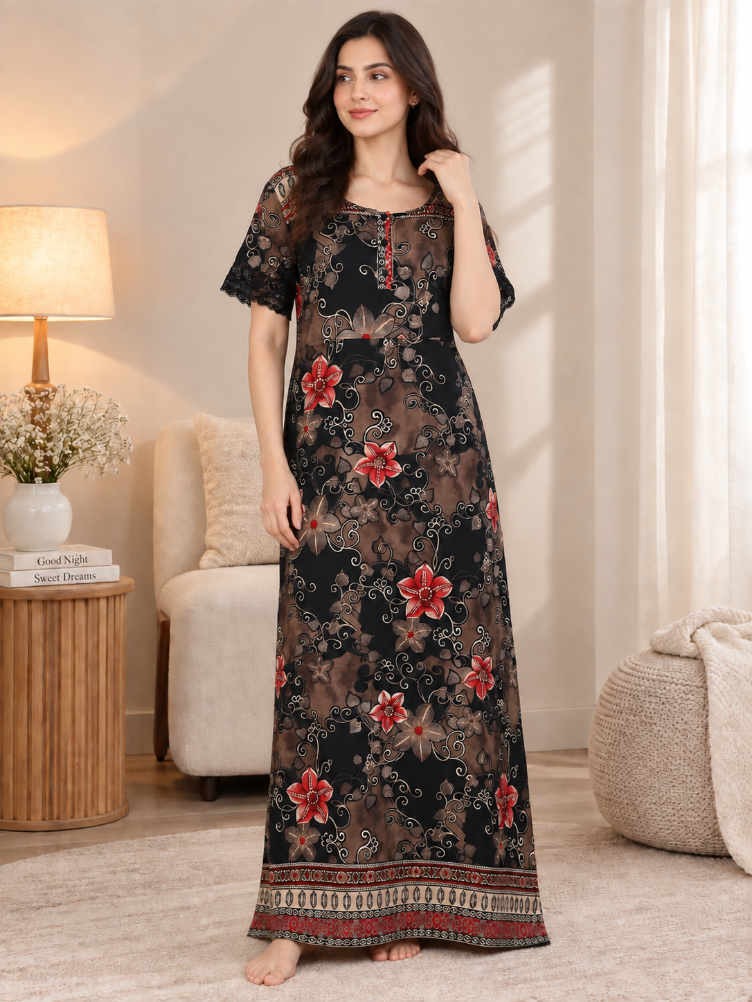 Black Color Floral Printed Viscose Rayon Nighty | Claura