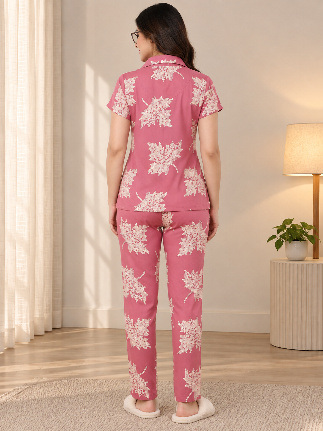 Pink Abstract Viscose Rayon Night Suit for Women | Claura