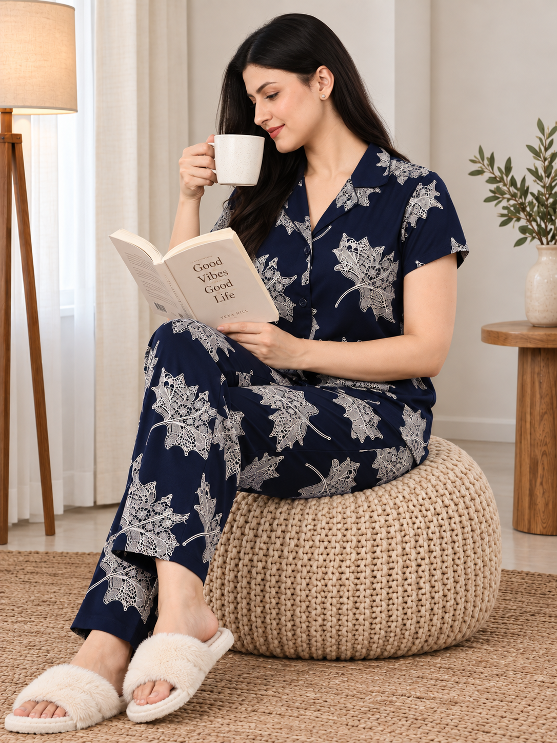 Navy Blue Abstract Viscose Rayon Night Suit for Women | Claura