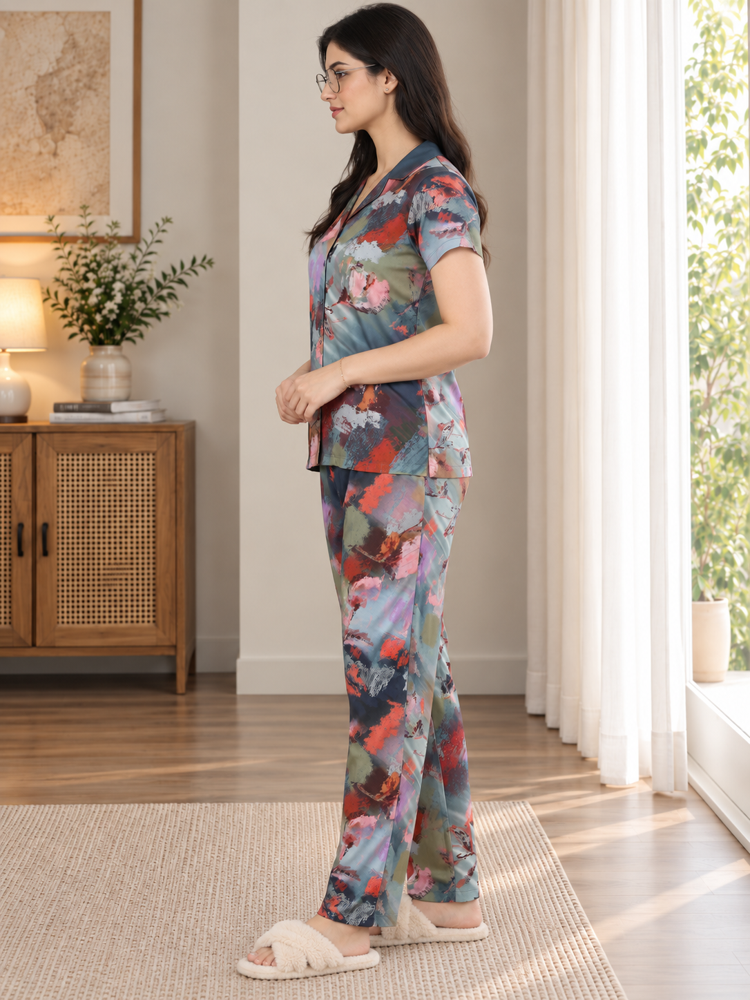Multi Color Printed Satin Night suit for Women | Claura