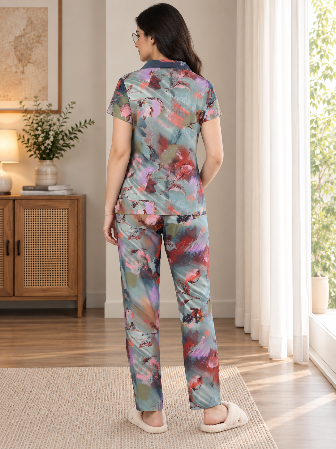 Multi Color Printed Satin Night suit for Women | Claura