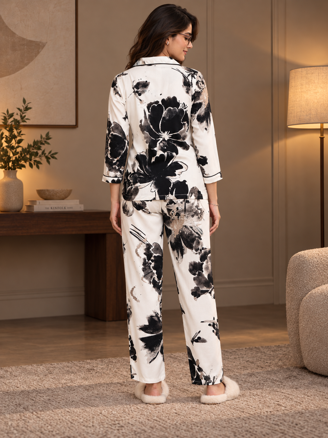 Black Viscose Floral Printed Night Suit for Women | Claura