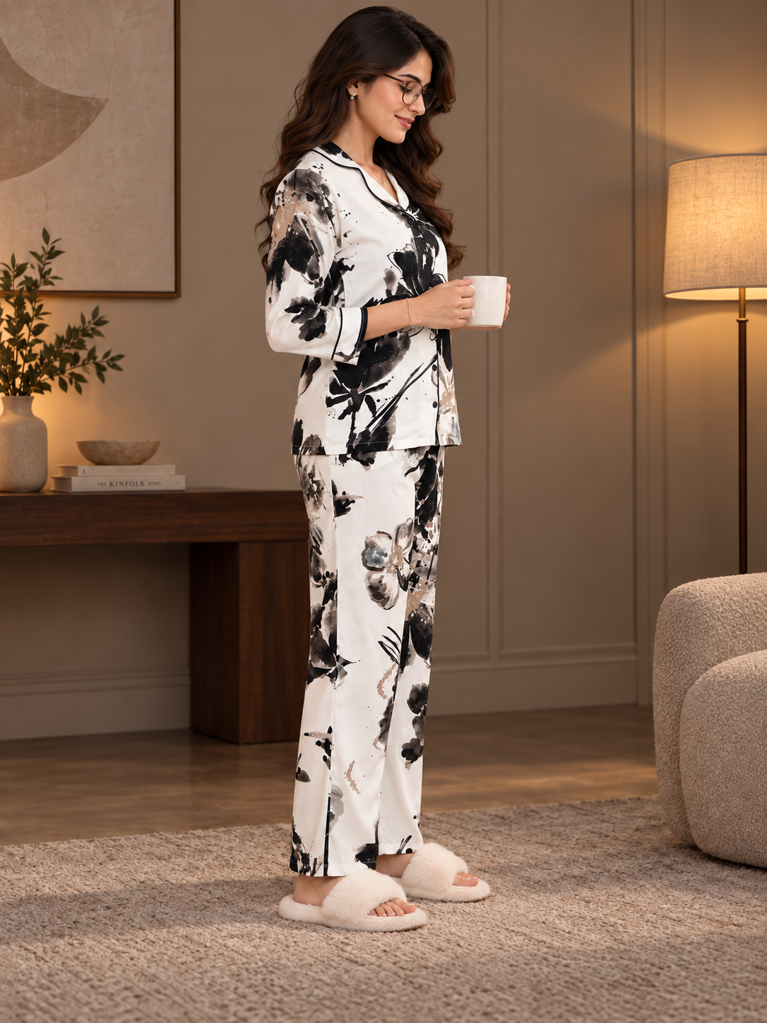 Black Viscose Floral Printed Night Suit for Women | Claura