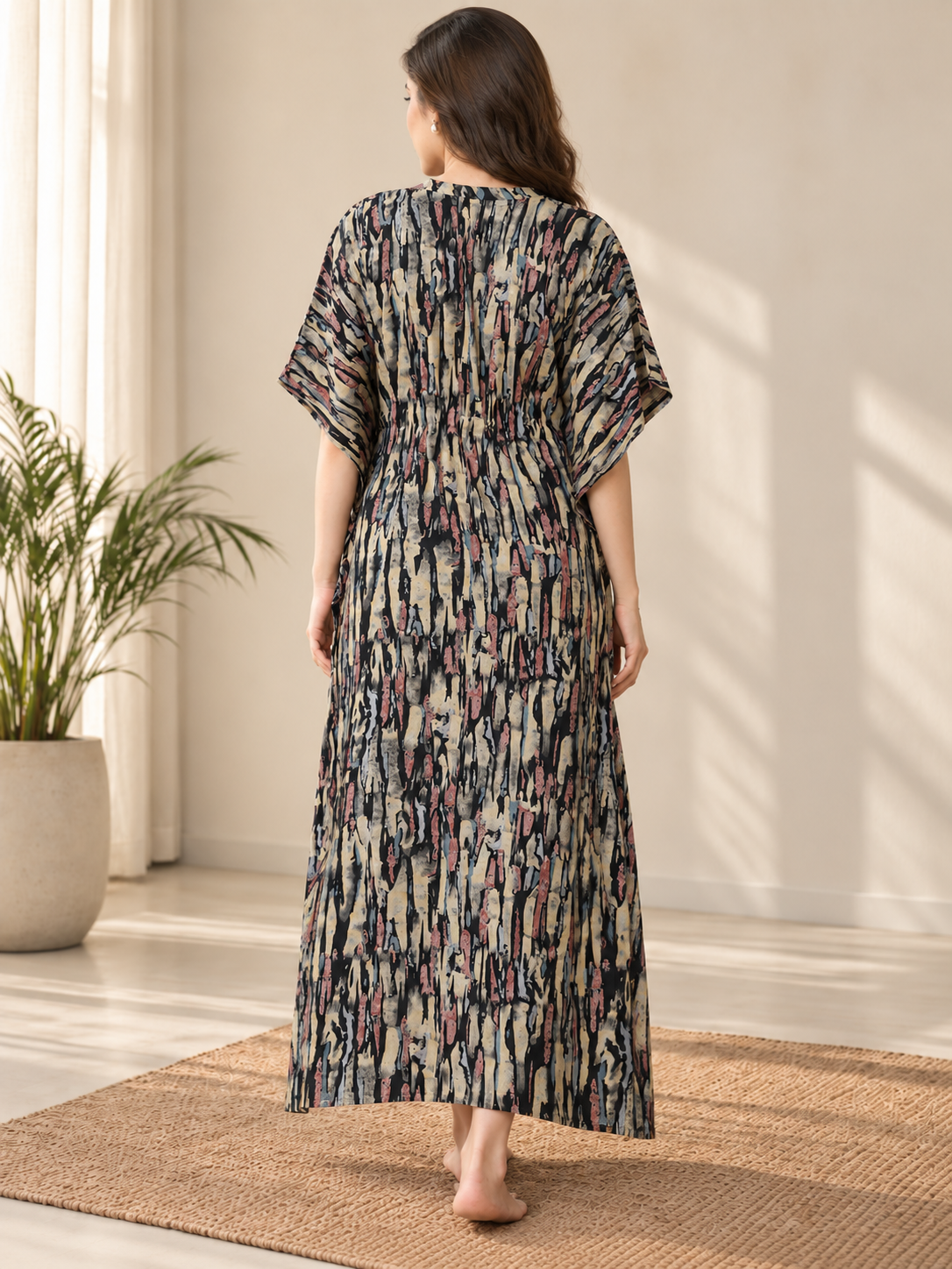Black Abstract Rayon Kaftan for Women | Short Sleeve