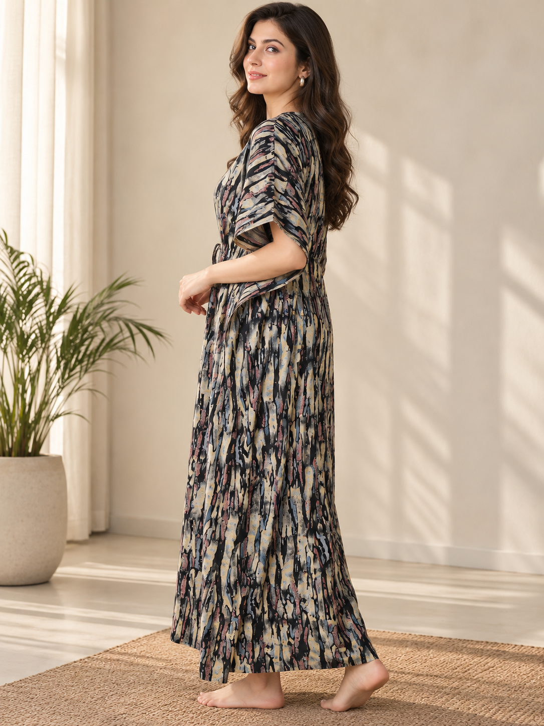 Black Abstract Rayon Kaftan for Women | Short Sleeve