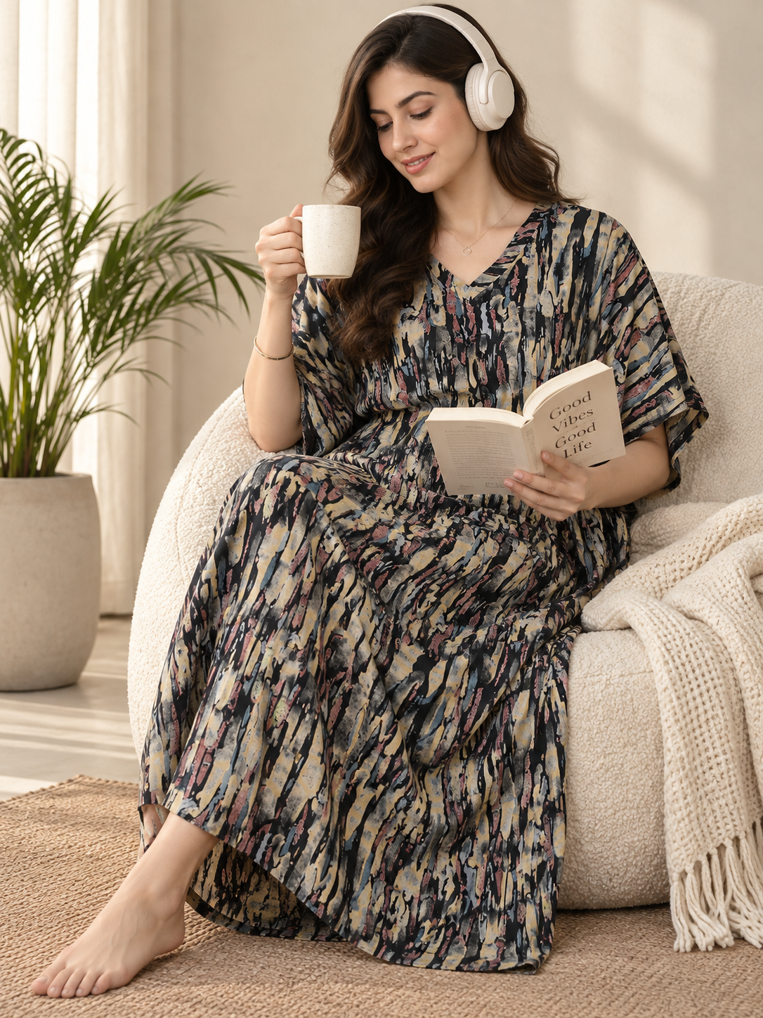 Black Abstract Rayon Kaftan for Women | Short Sleeve