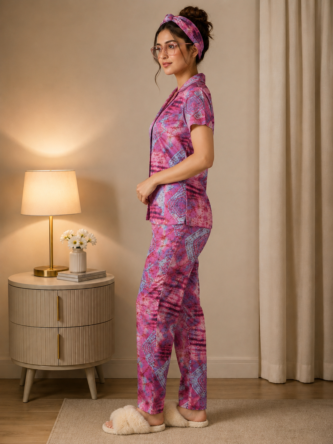 Pink Color Viscose Rayon Abstract Printed Night Suit for Women | Claura