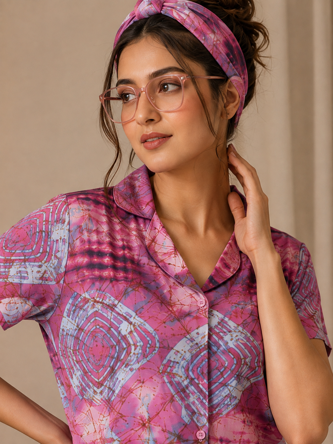 Pink Color Viscose Rayon Abstract Printed Night Suit for Women | Claura