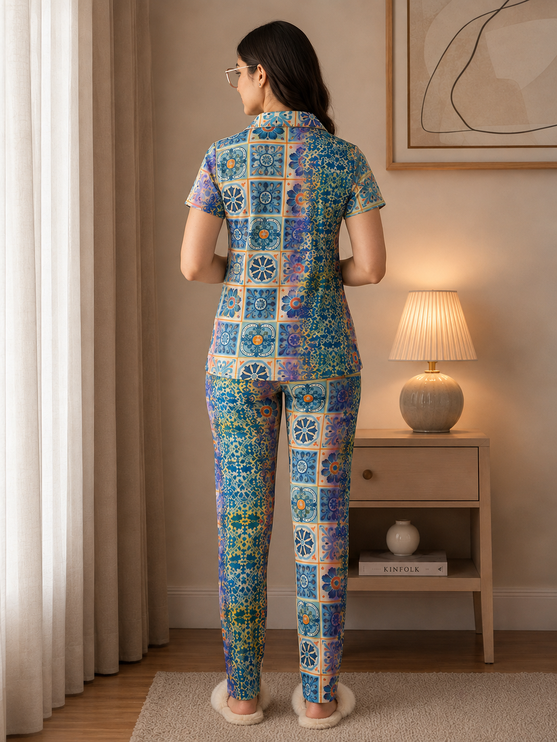 Multi Color Geometric Printed Rayon Night suit for Women | Claura