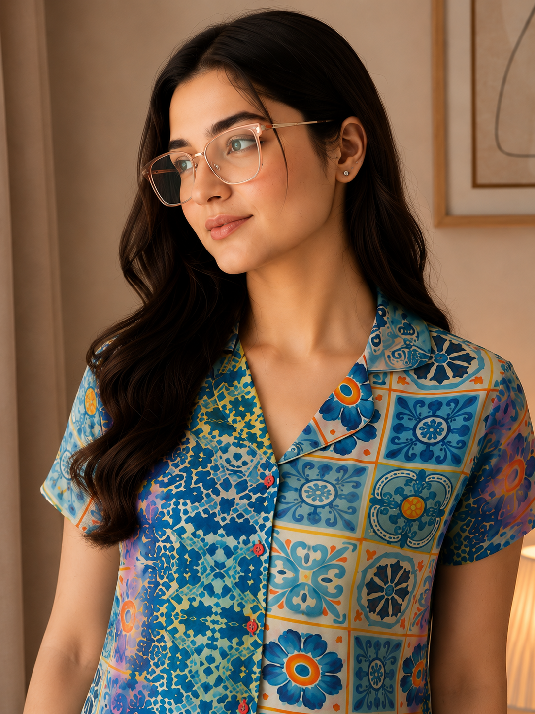 Multi Color Geometric Printed Rayon Night suit for Women | Claura