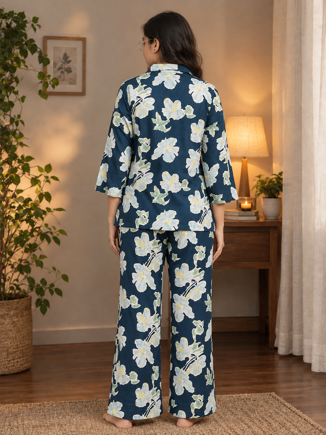 Blue Abstract Viscose Rayon Night Suit – V-Neck | Claura