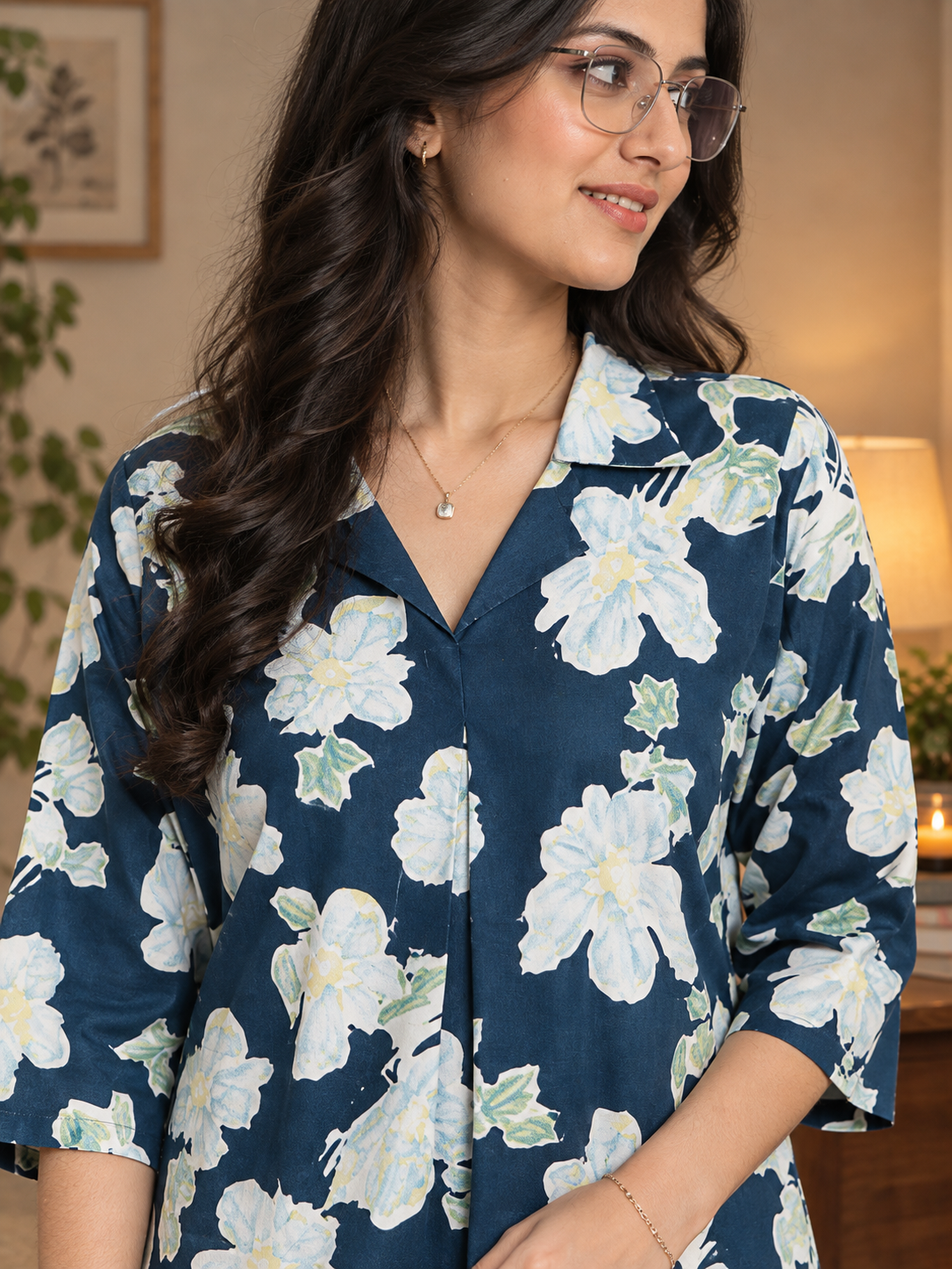 Blue Abstract Viscose Rayon Night Suit – V-Neck | Claura