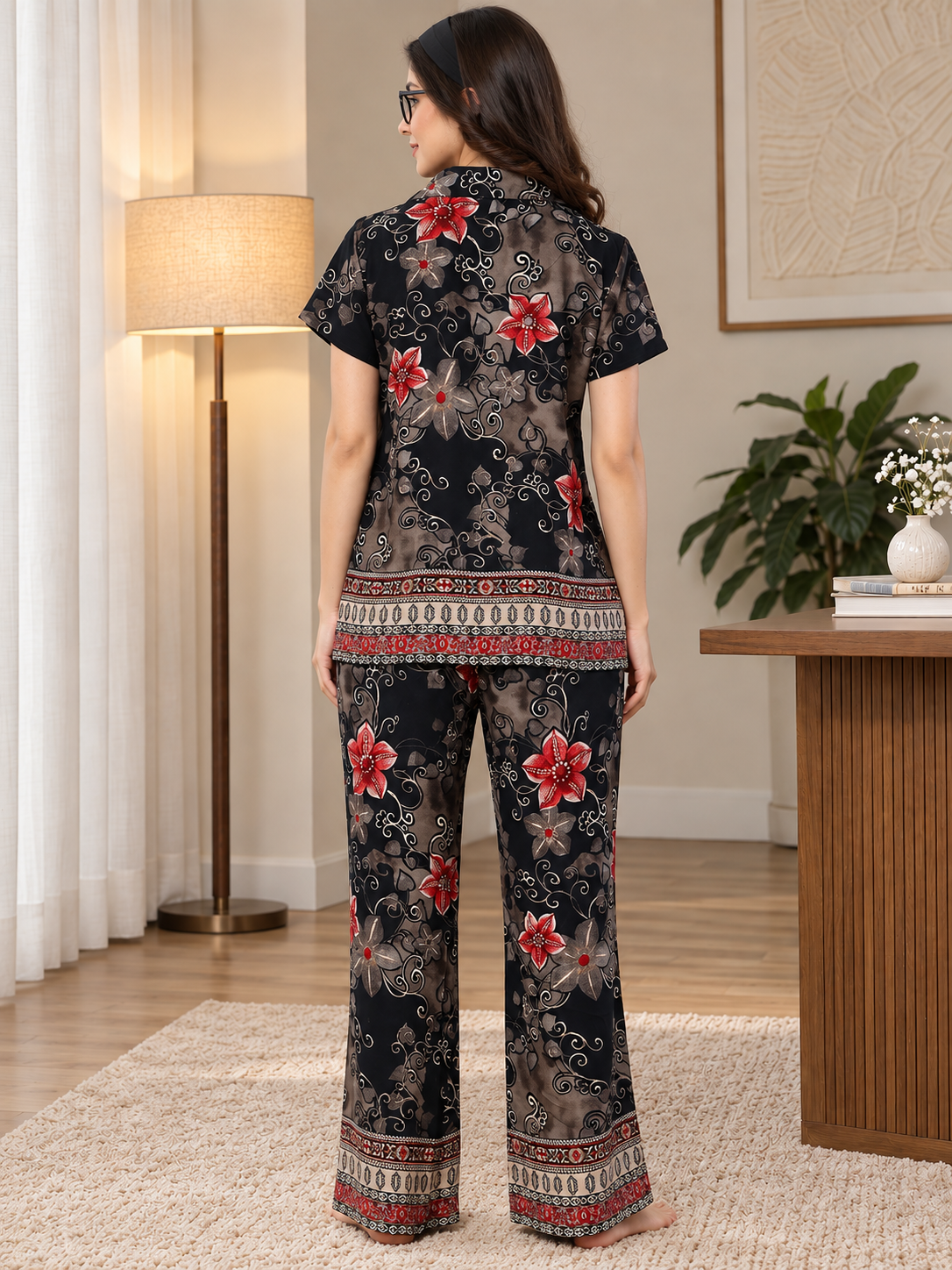 Black Color Floral Printed Viscose Rayon Night Suit For Women | Claura