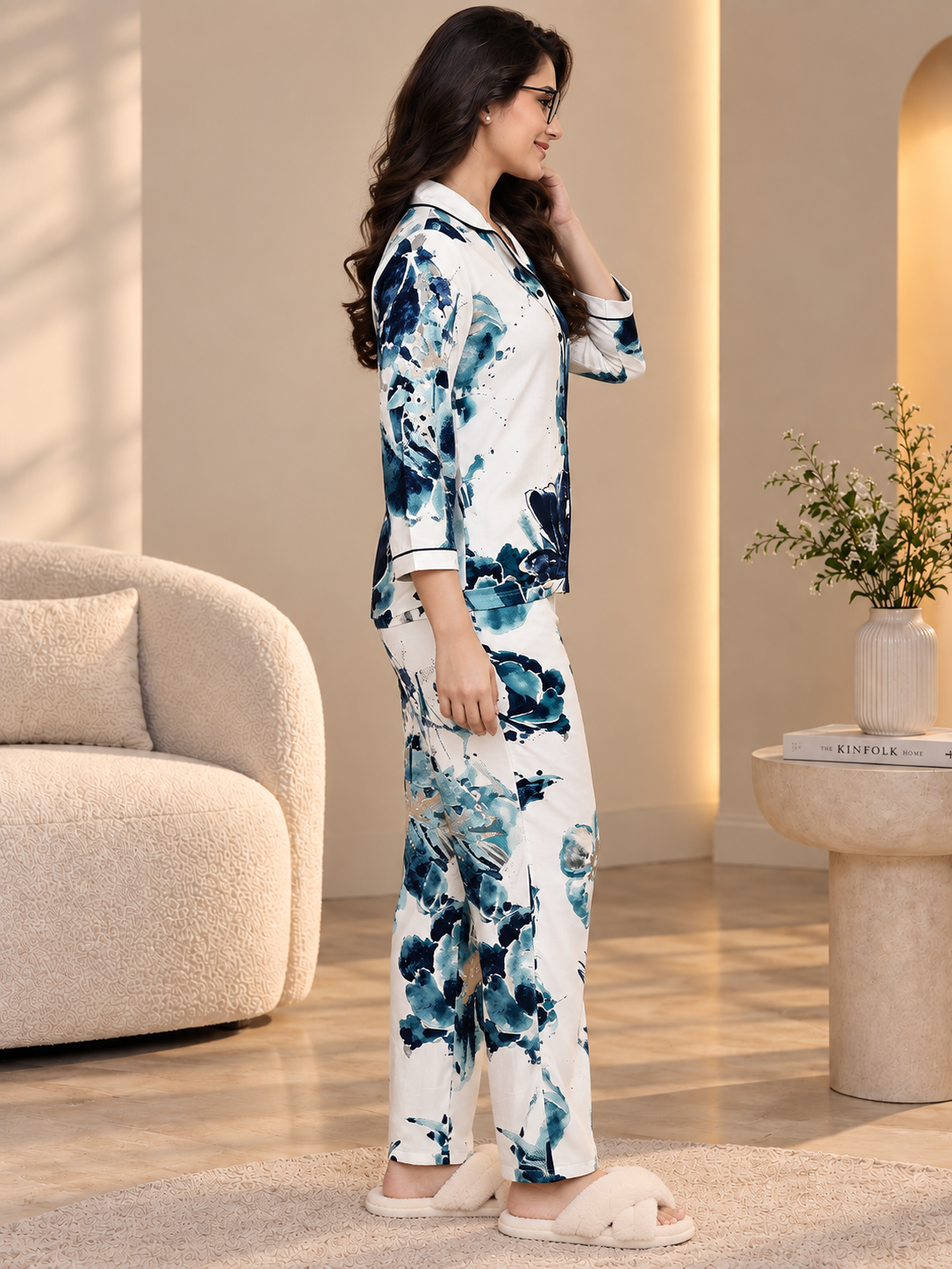 Blue Viscose Floral Printed Night Suit for Women | Claura