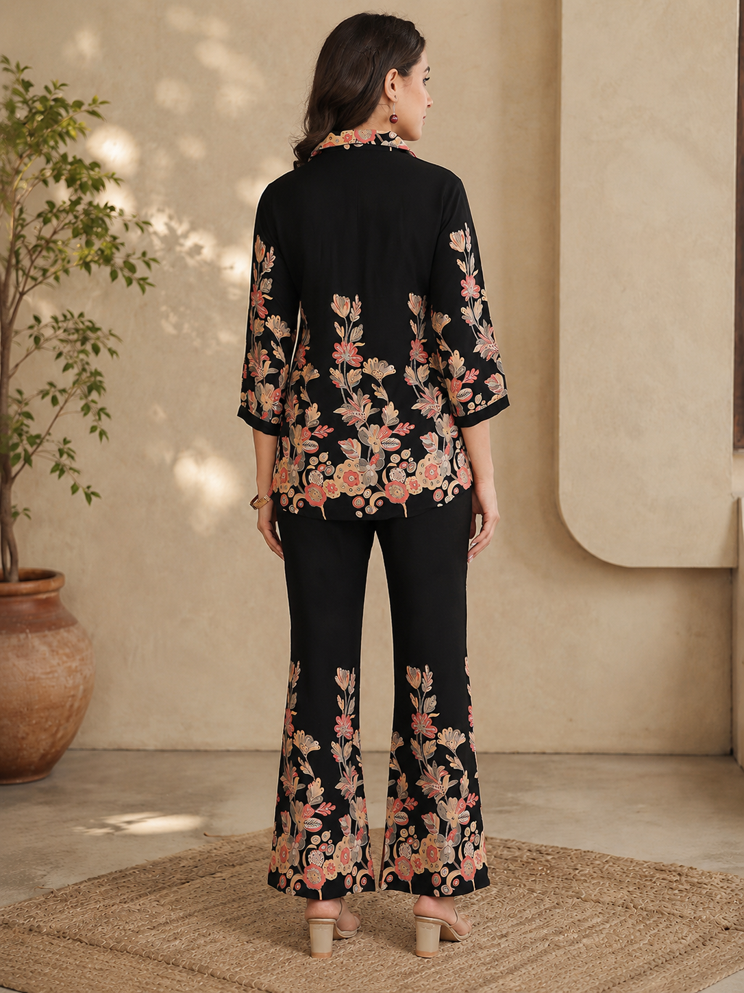 Black Floral Print Top with Flared Trousers Co-ord Set | Claura