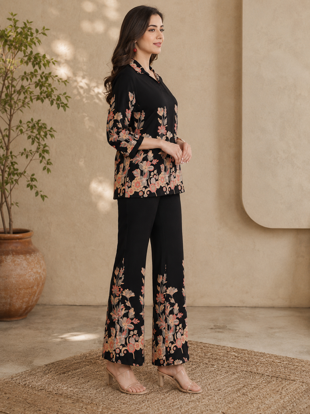 Black Floral Print Top with Flared Trousers Co-ord Set | Claura