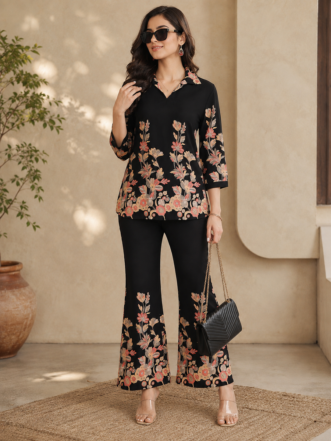 Black Floral Print Top with Flared Trousers Co-ord Set | Claura