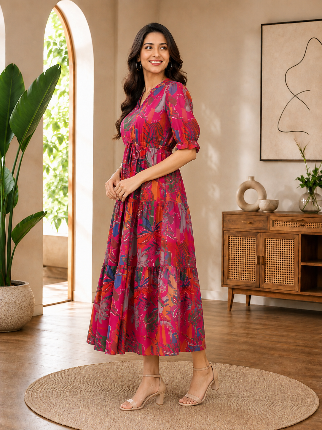 Pink Floral Printed Premium Chanderi Ethnic Long Dress for Women | Claura