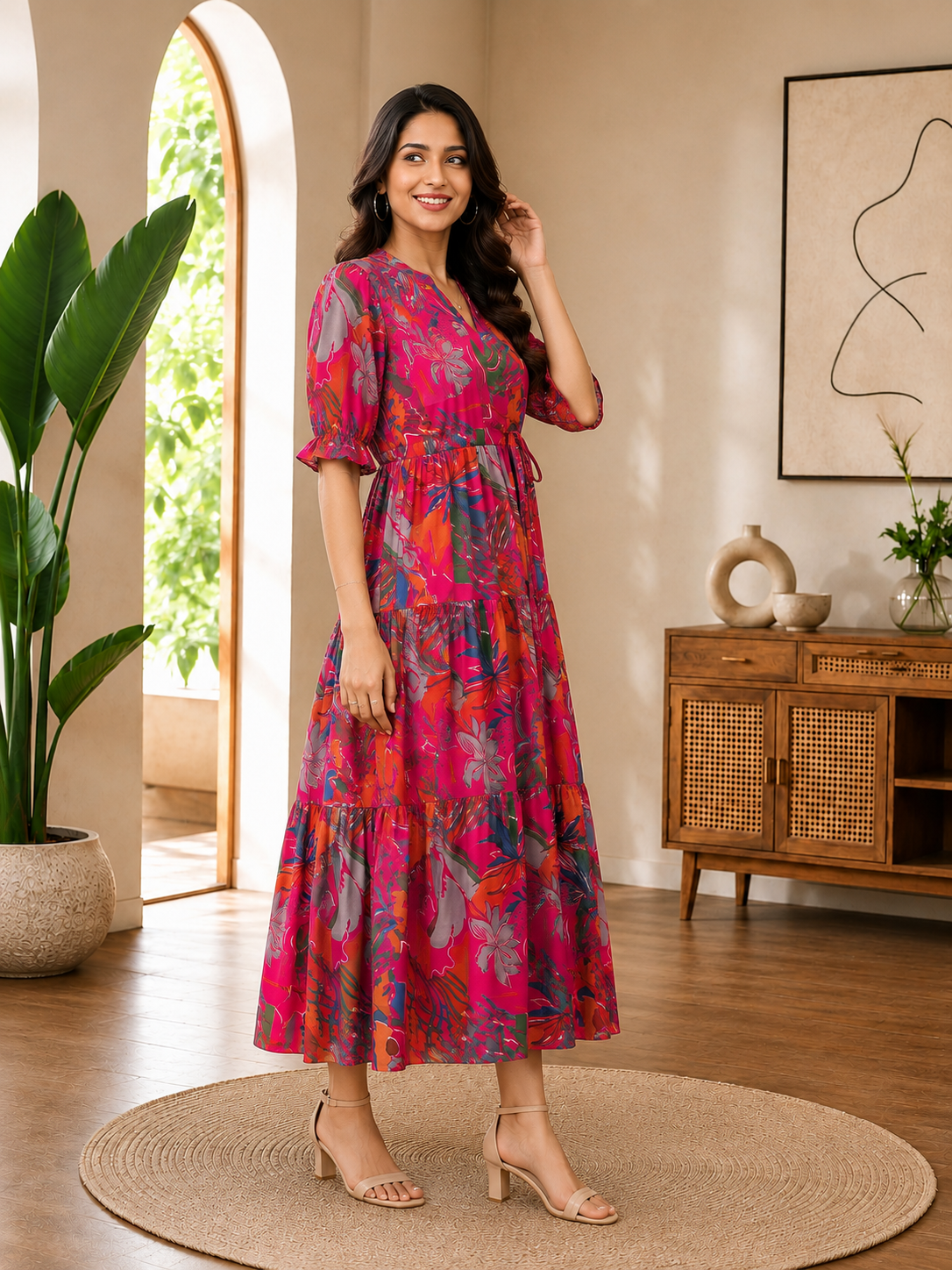 Pink Floral Printed Premium Chanderi Ethnic Long Dress for Women | Claura