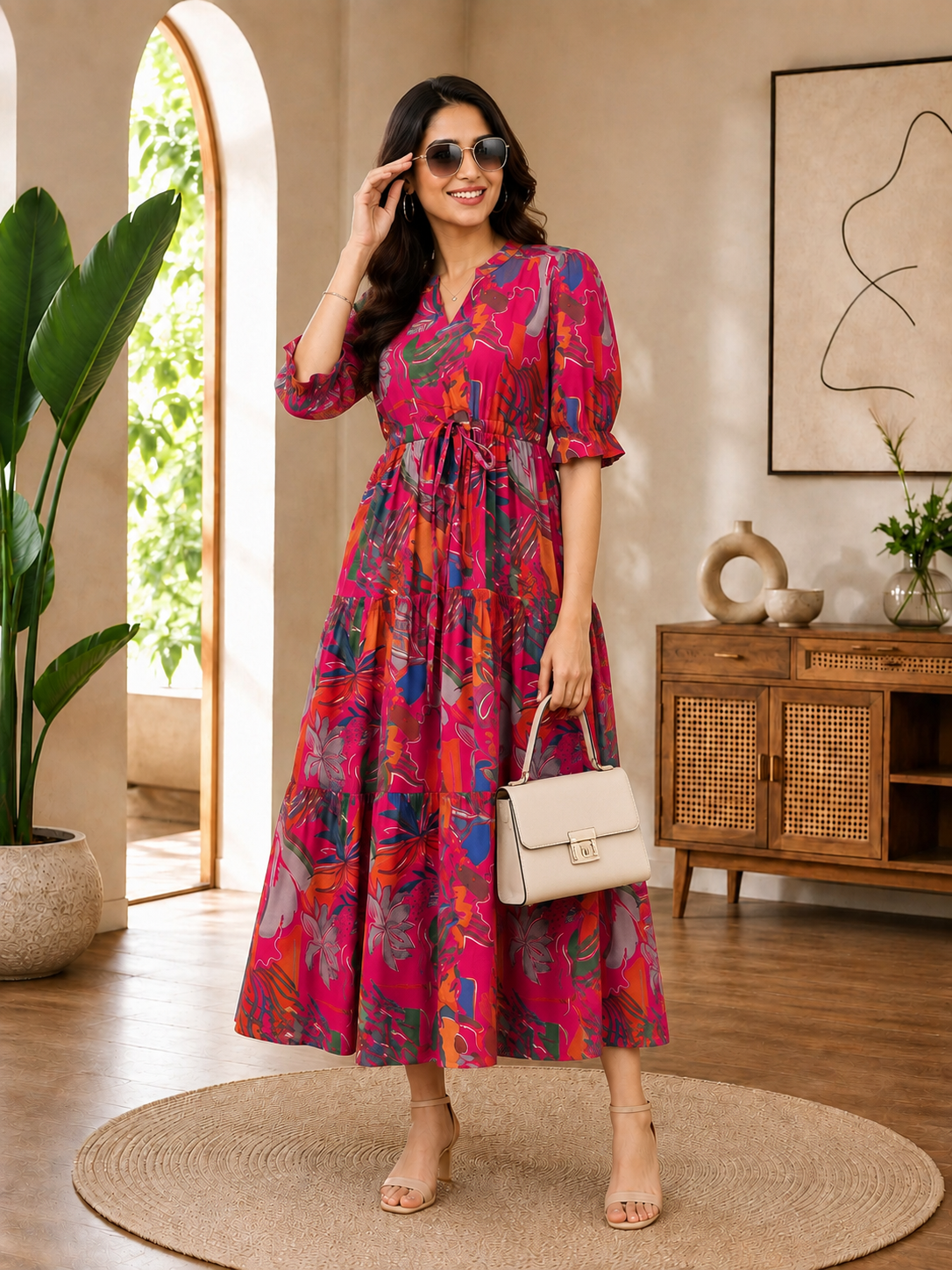 Pink Floral Printed Premium Chanderi Ethnic Long Dress for Women | Claura