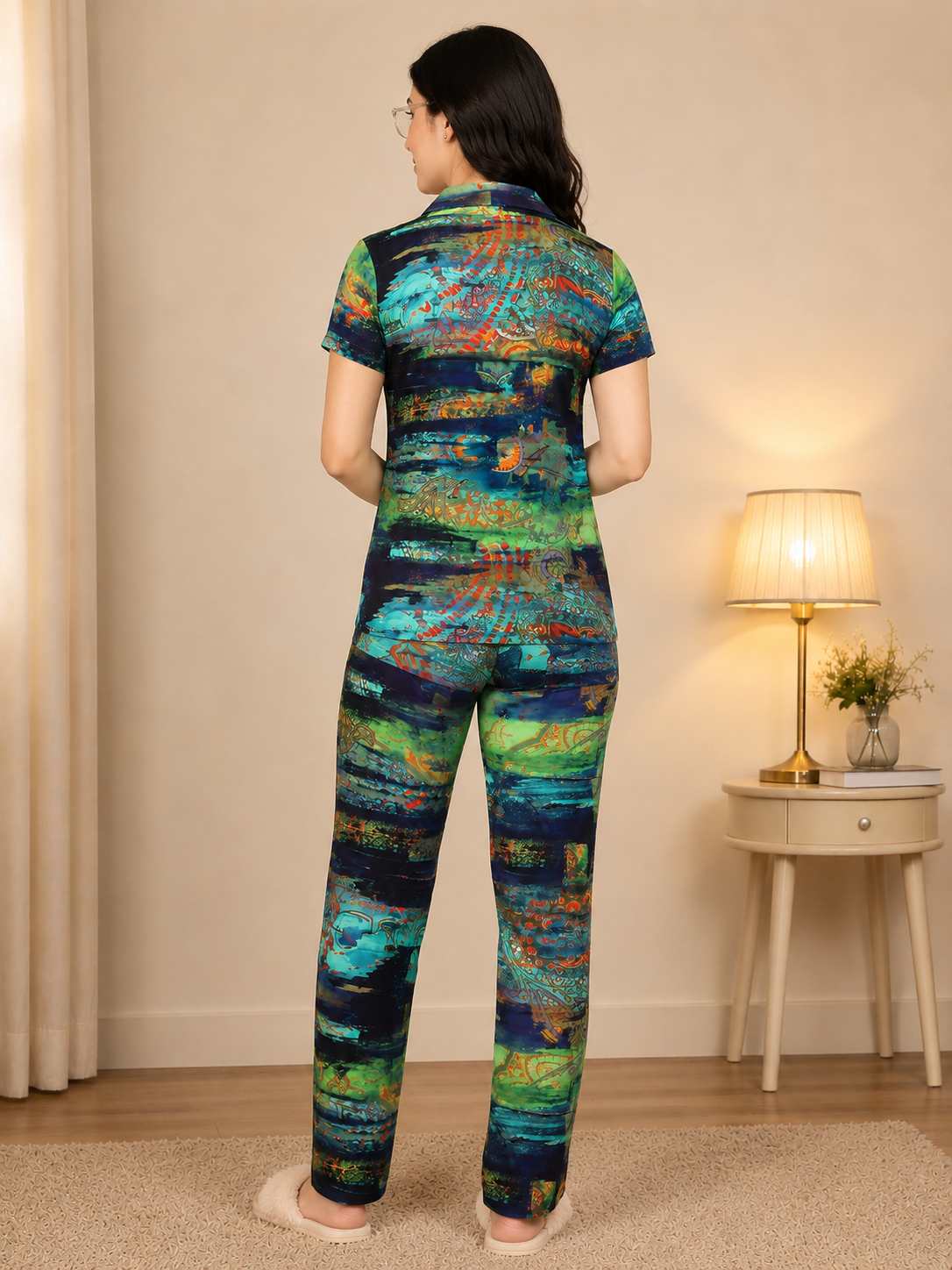 Green Abstract Viscose Rayon Night Suit for Women | Claura