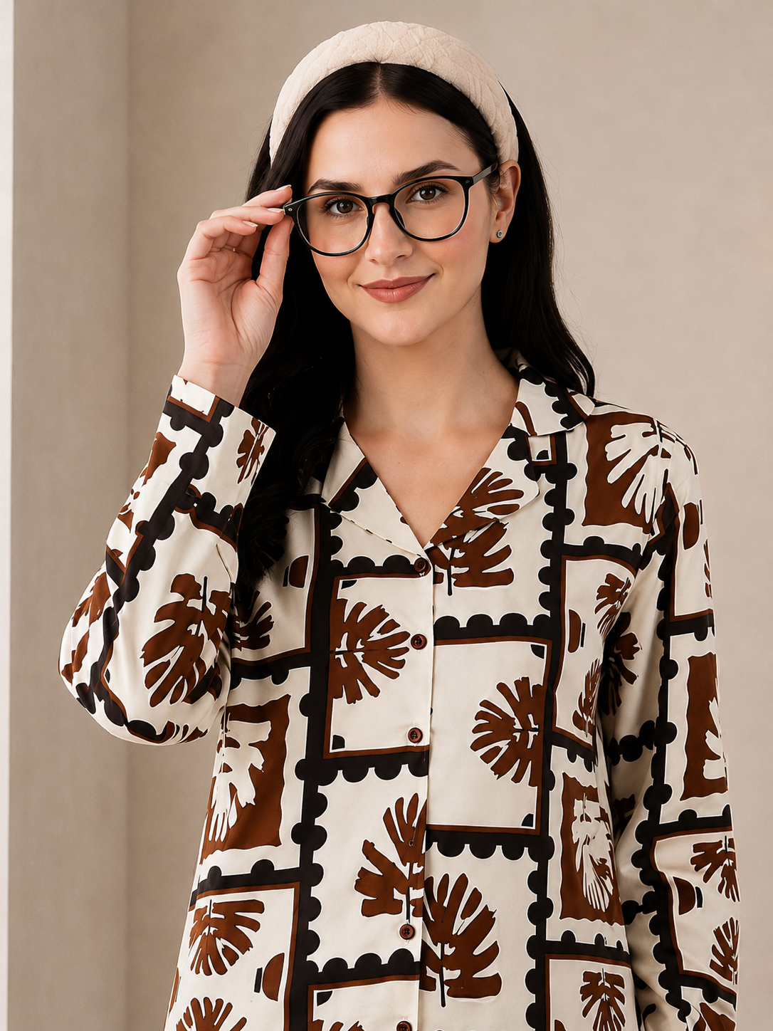 Brown Viscose Rayon Abstract Printed Night Suit for Women | Claura