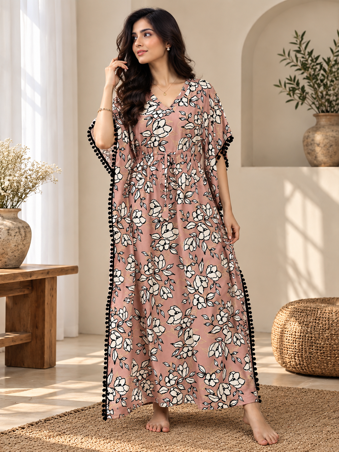 Pink Chanderi Silk Kaftan Dress for Women | Claura