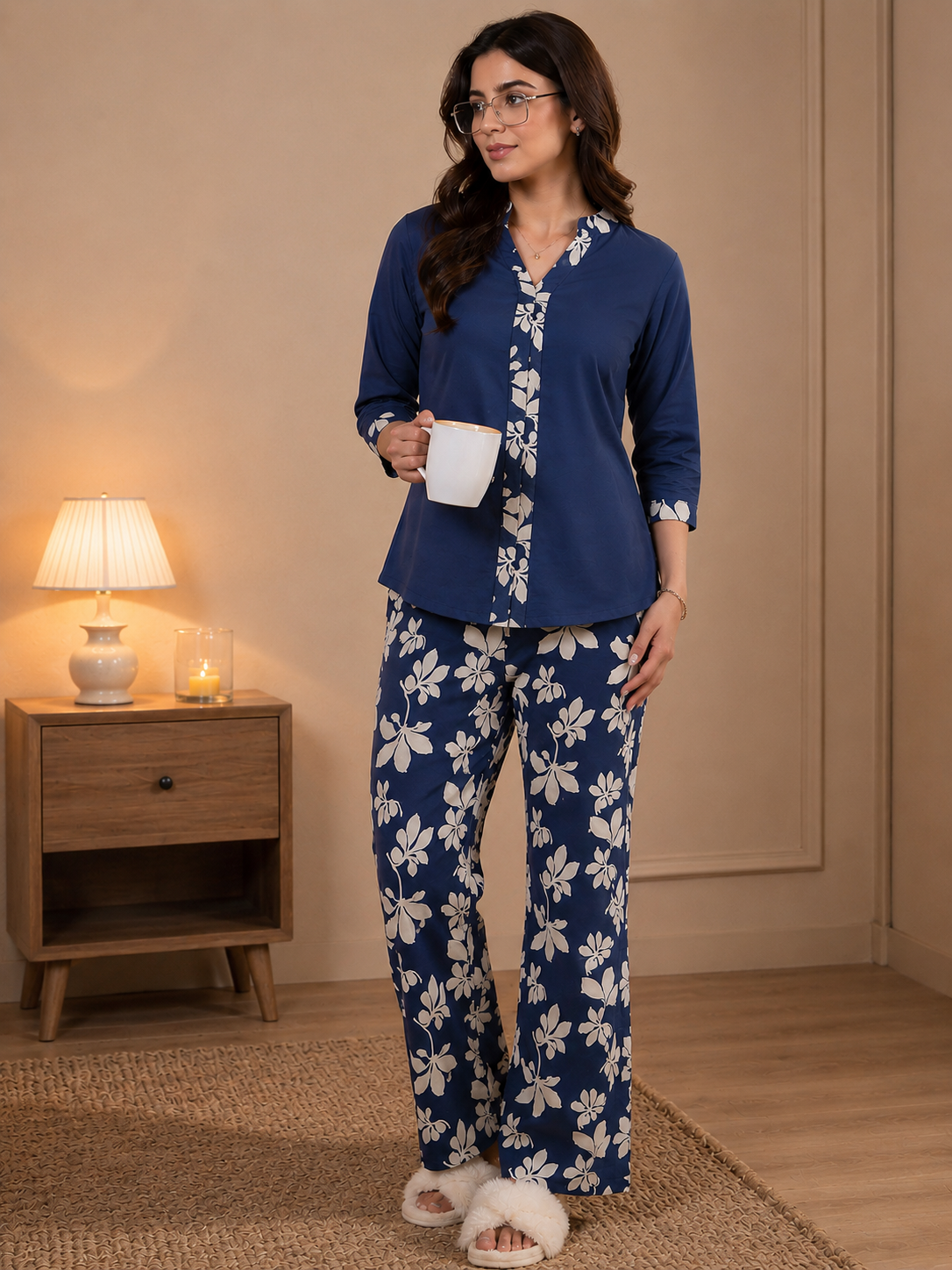 Blue Floral Printed Rayon Night Suit For Women | Claura