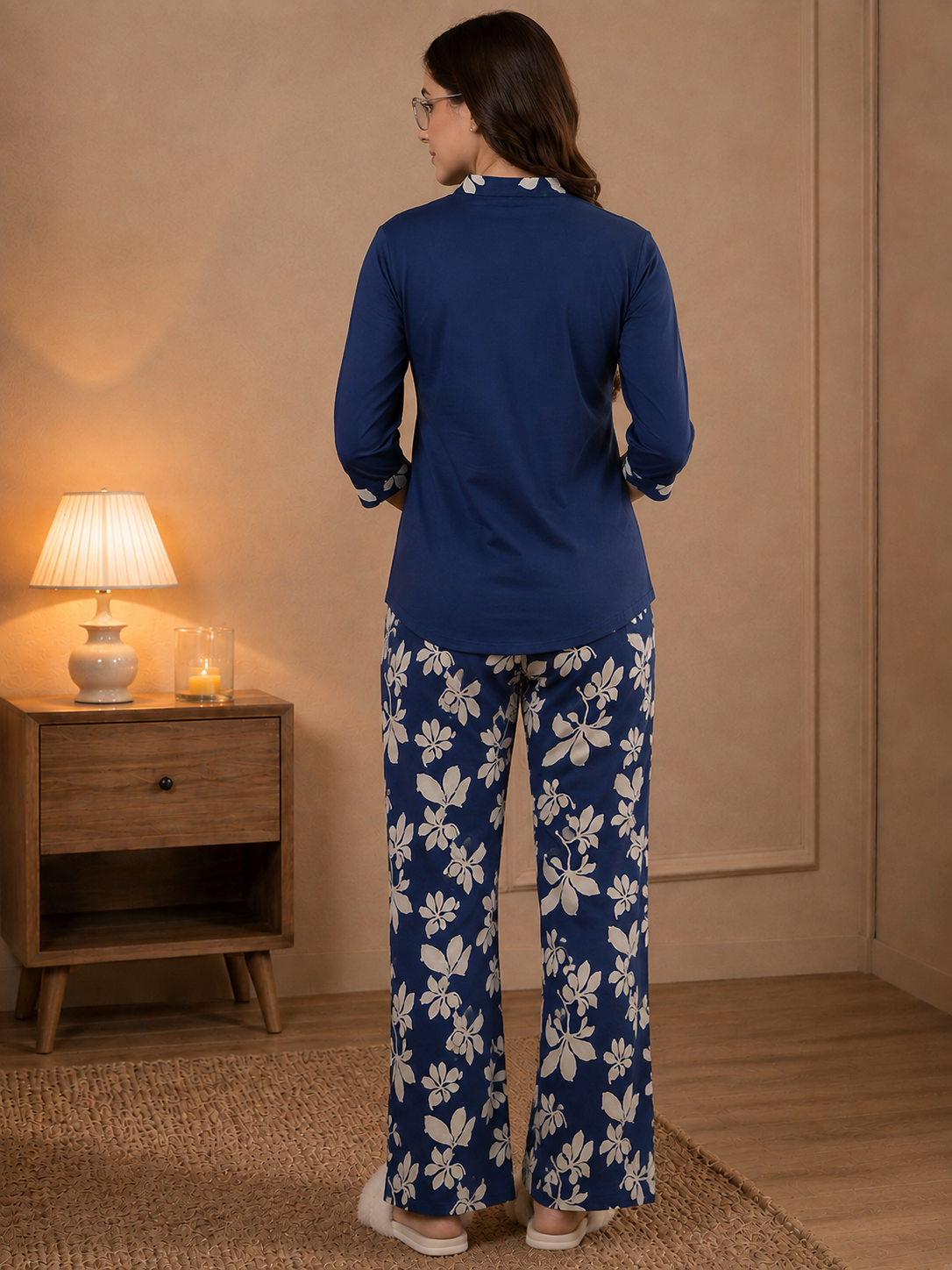 Blue Floral Printed Rayon Night Suit For Women | Claura