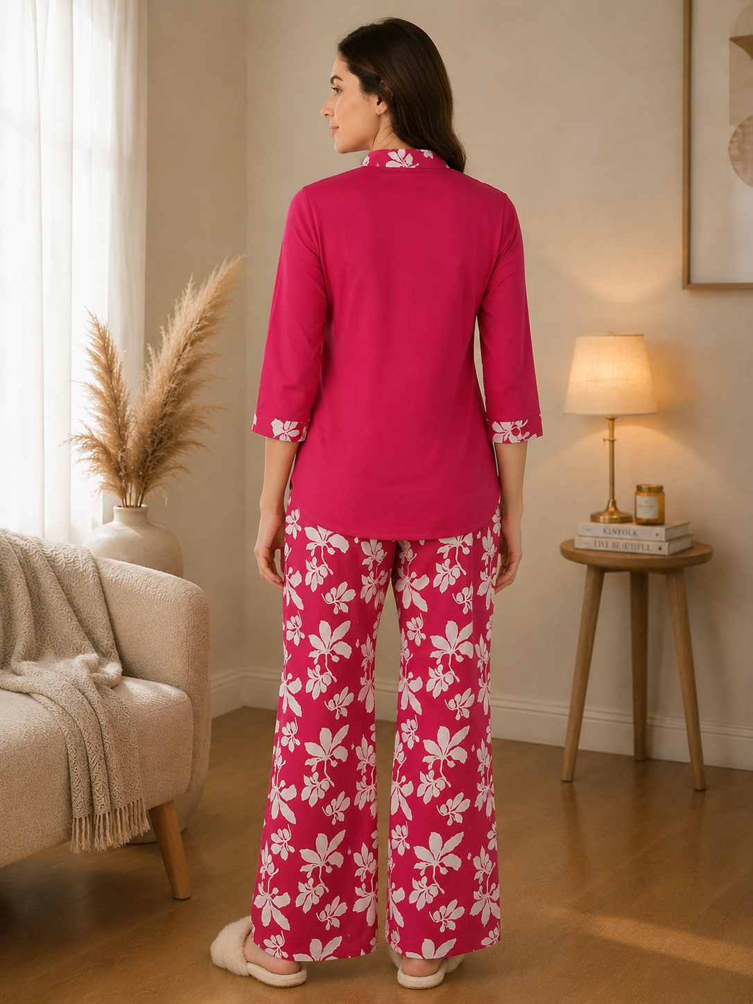Elegant Pink Floral Printed Rayon Night Suit For Women | Claura