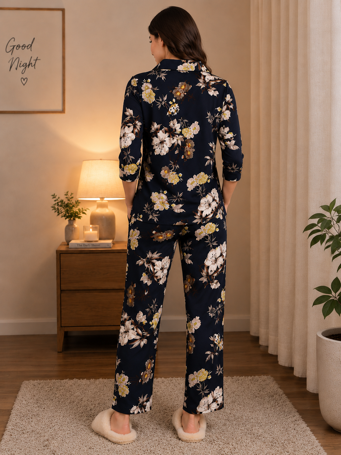 Navy Classic Floral Pure Cotton Night Suit for Women | Claura