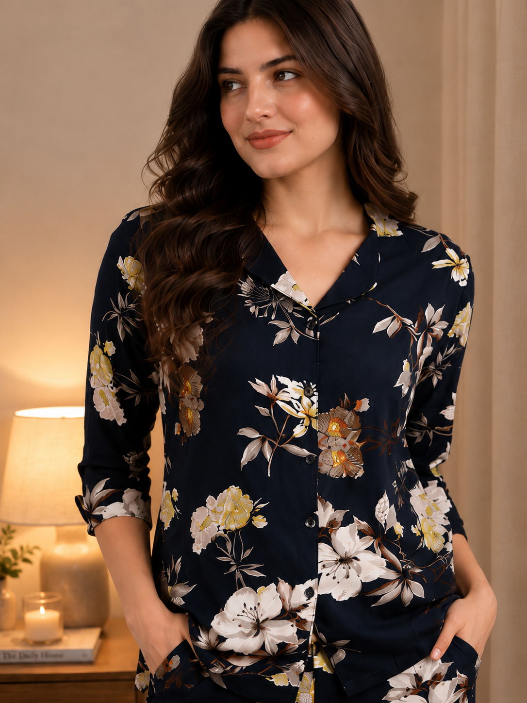 Navy Classic Floral Pure Cotton Night Suit for Women | Claura