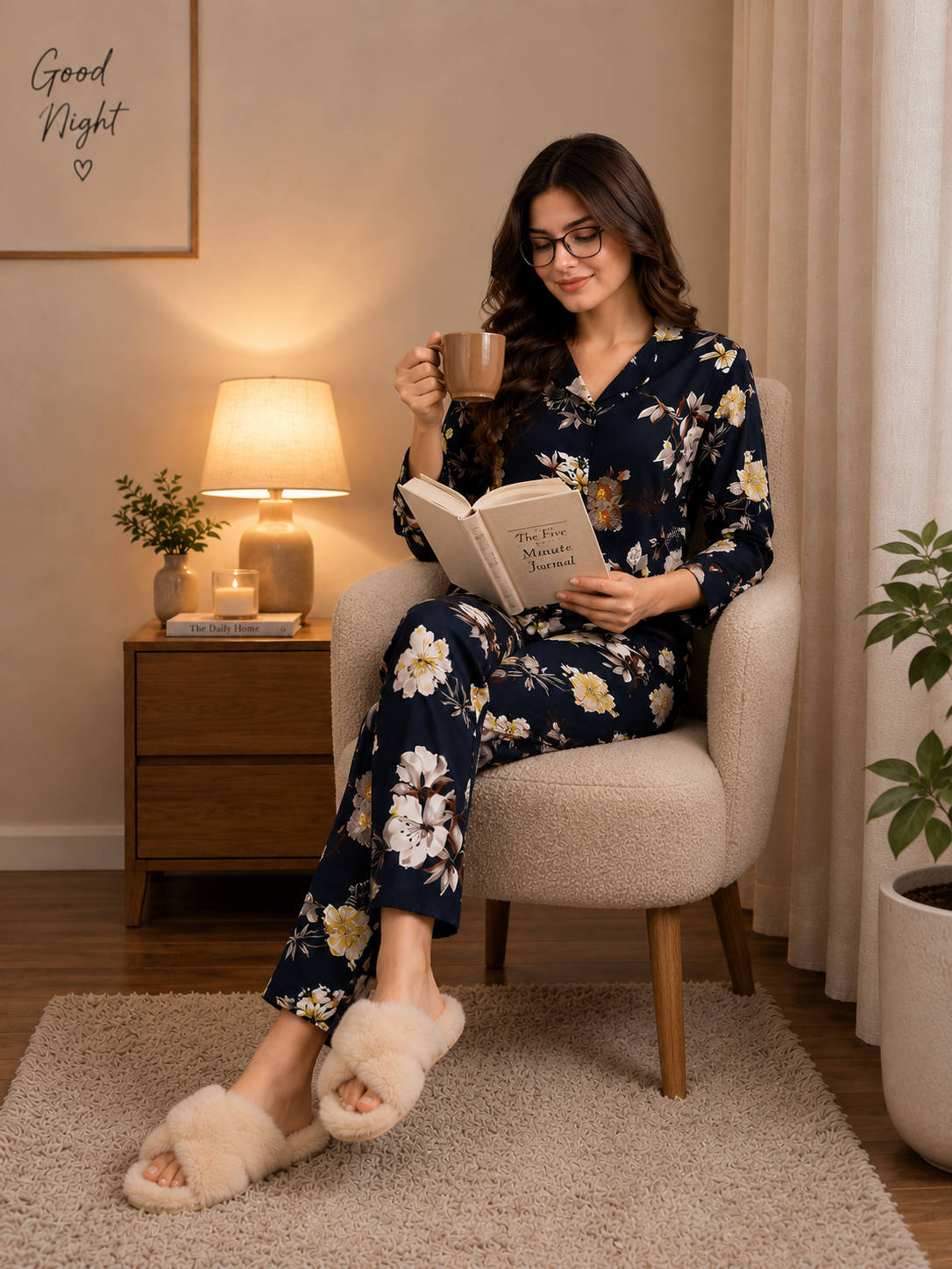 Navy Classic Floral Pure Cotton Night Suit for Women | Claura