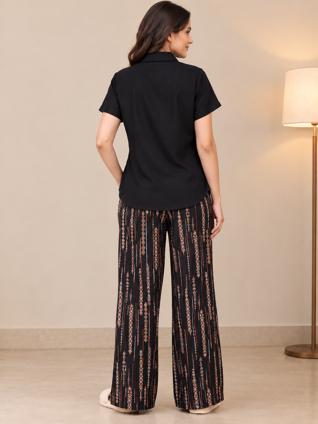 Black Abstract Viscose Rayon Night Suit for Women | Claura