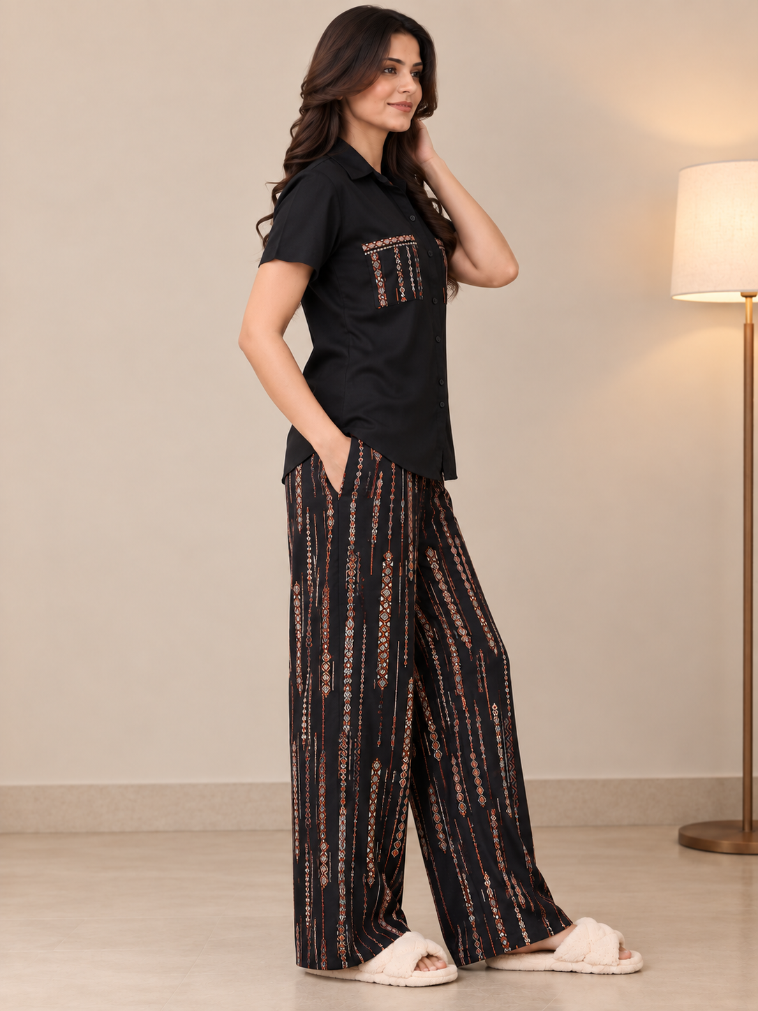 Black Abstract Viscose Rayon Night Suit for Women | Claura