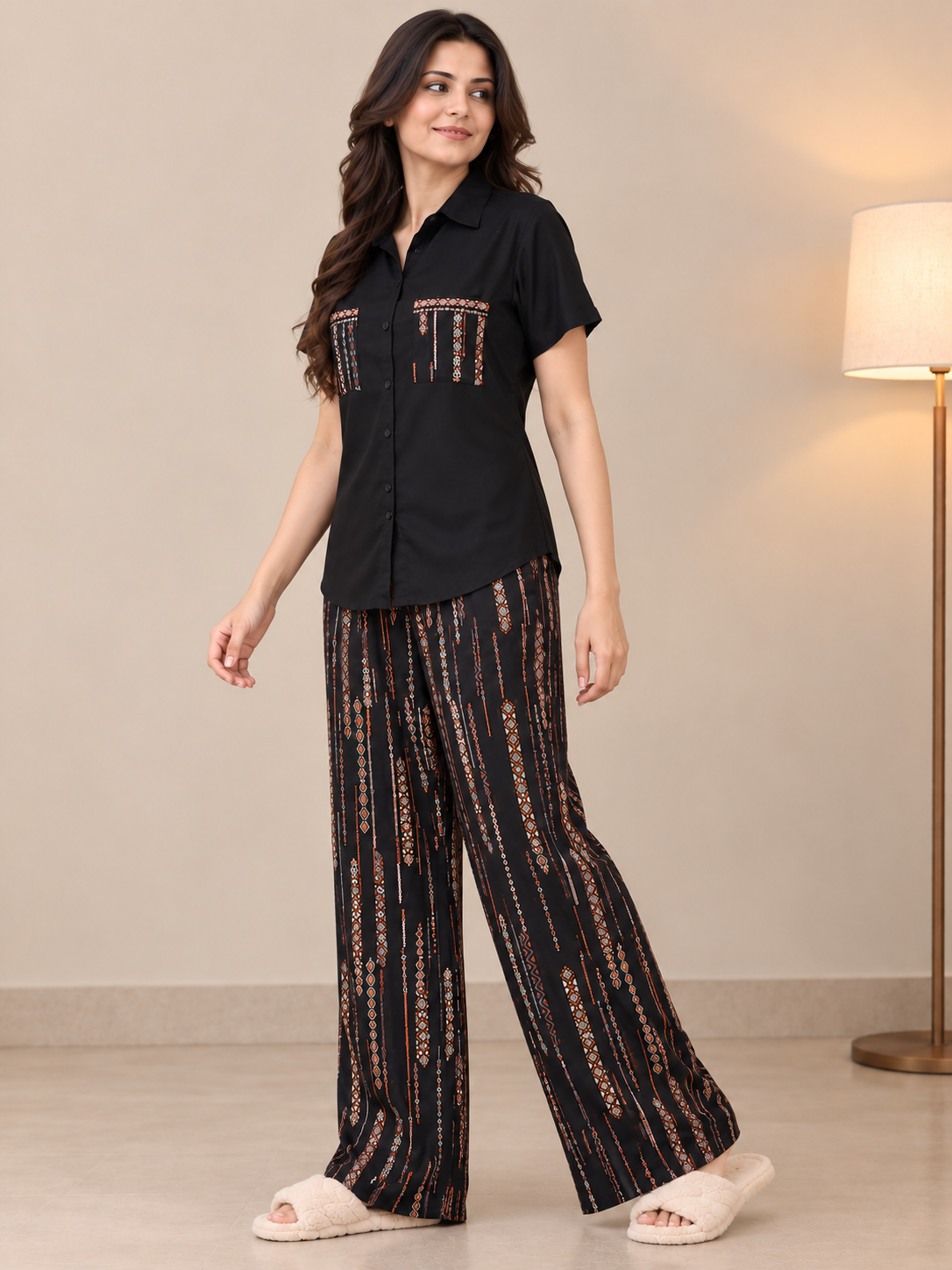Black Abstract Viscose Rayon Night Suit for Women | Claura