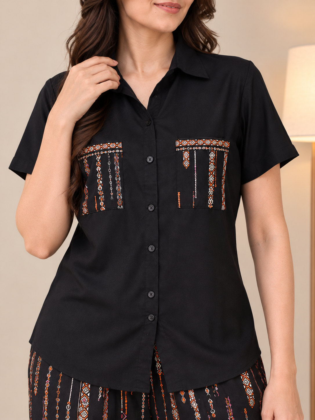 Black Abstract Viscose Rayon Night Suit for Women | Claura