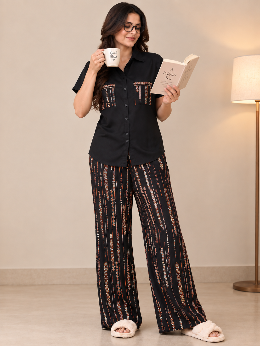 Black Abstract Viscose Rayon Night Suit for Women | Claura